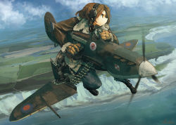 Rule 34 | 1girl, ammunition, ammunition belt, asterisk kome, bomber jacket, brown hair, cliff, cloud, day, dutch angle, flying, frown, fur trim, gloves, green eyes, headset, highres, jacket, landscape, leather, leather jacket, looking to the side, mecha musume, military, military uniform, ocean, original, poland, scenery, sky, solo, supermarine spitfire, uniform, united kingdom, water, world war ii