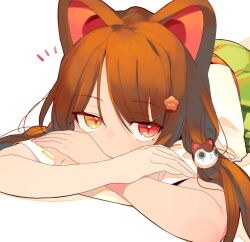Rule 34 | 1girl, animal ears, brown hair, covering own mouth, dog ears, dog hair ornament, flower, hair flower, hair ornament, heterochromia, inui toko, lying, nijisanji, notice lines, on stomach, red eyes, short sleeves, simple background, solo, sukuna136, twintails, virtual youtuber, white background, yellow eyes