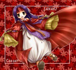 Rule 34 | 1girl, :d, bare shoulders, blush stickers, cape, character name, detached sleeves, fire emblem, fire emblem: path of radiance, fire emblem: radiant dawn, floral background, headband, long hair, long sleeves, nintendo, open mouth, purple hair, red background, robe, sanaki kirsch altina, smile, solo, tenmaru, yellow eyes