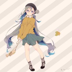 Rule 34 | 1girl, alternate costume, bag, beret, black hat, blue hair, brown shirt, colis, commentary request, full body, grey eyes, grey hair, grey skirt, hair between eyes, handbag, hat, kantai collection, kiyoshimo (kancolle), leaf, long hair, long sleeves, low twintails, multicolored hair, shirt, skirt, smile, solo, striped, striped background, twintails, twitter username, very long hair, yellow shirt