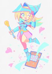 Rule 34 | 1girl, blonde hair, blue footwear, blue hat, blush, blush stickers, card, confetti, dark magician girl, denaseey, green eyes, grey background, hat, heart, highres, holding, holding wand, long hair, one eye closed, open mouth, pastel colors, simple background, smile, solo, w, wand, yu-gi-oh!