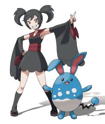 Rule 34 | 1girl, arm up, armpits, azumarill, bad id, bad pixiv id, black dress, black hair, black socks, blank eyes, breasts, brown eyes, clenched hand, collarbone, creatures (company), detached sleeves, dress, female focus, full body, furisode girl (pokemon), furisode girl kali, game freak, gen 2 pokemon, grin, hair tie, hand on own hip, happy, highres, kneehighs, looking at viewer, nintendo, open mouth, orange eyes, outstretched arm, pointing, pokemon, pokemon (creature), pokemon xy, red footwear, sandals, sash, shiny clothes, simple background, sleeveless, sleeveless dress, small breasts, smile, socks, standing, swept bangs, teeth, tellzeta, twintails, white background
