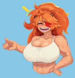 Rule 34 | abs, absurdres, breasts, eyepatch, highres, large breasts, laughing, muscular, muscular female, orange hair, pointing, tainypie, zess (zesty jesus)