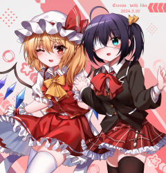 Rule 34 | 2girls, ;d, absurdres, ahoge, artist name, bandages, black jacket, black thighhighs, blazer, blonde hair, blue eyes, blush, bow, bowtie, buttons, chinese commentary, chuunibyou demo koi ga shitai!, collared shirt, commentary request, cowboy shot, dated, eyepatch, eyes visible through hair, fang, flandre scarlet, frilled skirt, frilled sleeves, frills, hair between eyes, hair ribbon, hat, hat ribbon, highres, holding hands, interlocked fingers, jacket, lapels, long hair, long sleeves, medical eyepatch, mob cap, multiple girls, one eye closed, one eye covered, open mouth, plaid, plaid skirt, pleated skirt, puffy short sleeves, puffy sleeves, purple hair, red bow, red bowtie, red eyes, red ribbon, red skirt, red vest, ribbon, shirt, short hair, short sleeves, skirt, smile, standing, takanashi rikka, thighhighs, top-exerou, touhou, vest, white hat, white shirt, white thighhighs, wrist cuffs, yellow bow, yellow bowtie, yellow ribbon