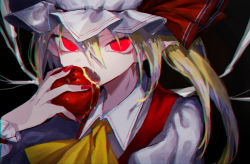 Rule 34 | 1girl, apple, blonde hair, commentary request, eating, fang, fingernails, flandre scarlet, food, fruit, fuuga (perv rsity), glowing, glowing eyes, hair between eyes, hat, holding, holding food, holding fruit, long fingernails, long hair, nail polish, open mouth, pointy ears, red eyes, red nails, red ribbon, red vest, ribbon, shirt, side ponytail, solo, touhou, vest, white hat, white shirt, wings, wrist cuffs, yellow neckwear