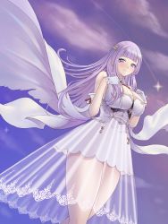 Rule 34 | 1girl, azur lane, bare shoulders, blush, breasts, cleavage, cloud, detached sleeves, dress, gloves, hair ornament, highres, huge breasts, large breasts, long hair, looking at viewer, outdoors, plymouth (azur lane), purple eyes, purple hair, see-through, see-through dress, sky, smile, solo, syu.mu, thighs, white dress, white gloves