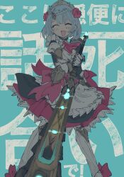 Rule 34 | 1girl, apron, armor, armored boots, armored dress, armored gloves, ascot, back bow, black dress, blue background, blush, boots, bow, braid, braided bangs, breasts, closed eyes, dress, flower, frills, genshin impact, grey hair, hair ornament, highres, holding, holding sword, holding weapon, maid, medium breasts, noelle (genshin impact), onigiri (sumisaza), open mouth, pink ascot, pink bow, pink flower, pink rose, puffy short sleeves, puffy sleeves, rose, shield hair ornament, short hair, short sleeves, simple background, smile, solo, standing, sword, tiara, weapon, white apron