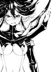 1girl absurdres breasts commentary_request floating_hair frown fukushima_masayasu greyscale high_contrast highres kill_la_kill large_breasts looking_at_viewer matoi_ryuuko monochrome navel parted_lips revealing_clothes senketsu short_hair solo straight-on suspenders underboob white_background