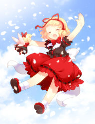 Rule 34 | 1girl, blonde hair, bubble skirt, cloud, day, doll, closed eyes, female focus, hair ribbon, happy, juuno (nekoda), medicine melancholy, outstretched arms, petals, ribbon, short hair, skirt, skirt set, sky, solo, spread arms, su-san, touhou