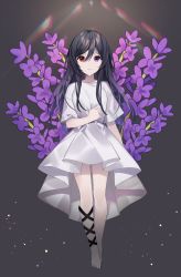 Rule 34 | 1girl, absurdres, bad id, bad pixiv id, barefoot, black hair, closed mouth, commentary request, dress, floral background, flower, frown, full body, ghost, grey background, hair between eyes, hand up, heterochromia, highres, lavender (flower), long hair, looking at viewer, original, purple eyes, purple flower, short sleeves, solo, white dress, yuhi (hssh 6)
