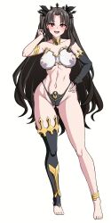 Rule 34 | 1girl, absurdres, alternate breast size, anklet, artist request, bare shoulders, bikini, black hair, blue background, blush, breasts, cameltoe, cleavage, collarbone, covered erect nipples, curvy, earrings, fate/grand order, fate (series), feet, floating hair, full body, gloves, hair ornament, hand in own hair, hand on own hip, highres, ishtar (fate), jewelry, large breasts, long hair, looking at viewer, mismatched bikini, muta poo, navel, neck ring, open mouth, red eyes, shaded face, simple background, single glove, single leg pantyhose, single sleeve, solo, standing, stomach, swimsuit, thong, tiara, twintails, very long hair, wide hips