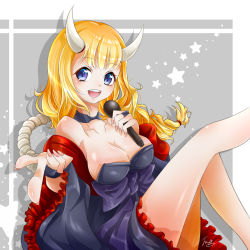 Rule 34 | 1girl, artist request, bare shoulders, blonde hair, blue eyes, breasts, cleavage, horns, long hair, looking at viewer, medium breasts, microphone, open mouth, paripi koumei, smile, solo, tsukimi eiko