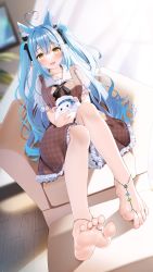 Rule 34 | 1girl, animal ear fluff, bare arms, bare legs, barefoot, barefoot sandals (jewelry), blue hair, casino (casinoep), couch, elf, feet, foot focus, foreshortening, highres, holofive, hololive, jewelry, long hair, looking at viewer, low ponytail, multicolored hair, necklace, pointy ears, skirt, soles, solo, streaked hair, toe ring, toes, twintails, very long hair, virtual youtuber, yellow eyes, yukihana lamy, yukihana lamy (casual)