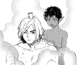Rule 34 | 2boys, :|, alternate species, bathing, closed mouth, collarbone, dark-skinned male, dark skin, dungeon meshi, elf, frown, greyscale, holding, holding towel, kabru, kabru (elf), looking afar, looking at another, mithrun, monochrome, multiple boys, muscular, muscular male, mushroom, mushroom on head, negri, one eye closed, open mouth, pointy ears, rubbing neck, same-sex bathing, scar, scar on arm, scar on chest, shared bathing, short hair, signature, skinny, steam, topless male, towel, wet, wet hair