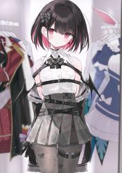 Rule 34 | 1girl, absurdres, arms behind back, black hair, blush, bow, bow print, breasts, buttons, choker, head tilt, highres, indie virtual youtuber, jacket, long sleeves, looking at viewer, multicolored hair, nanananana, off shoulder, pantyhose, pink eyes, pink hair, rikotan (vtuber), scan, short hair, simple background, skirt, sleeveless, small breasts, solo, standing, thigh strap, two-tone hair, virtual youtuber, water, water drop, wet