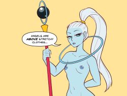 Rule 34 | 1girl, angel (dragon ball), blue eyes, breasts, dragon ball, english text, female focus, looking at viewer, nipples, nortuet, nude, open mouth, simple background, small breasts, solo, vados (dragon ball), white hair