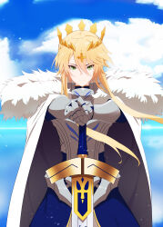 Rule 34 | 1girl, absurdres, armor, artoria pendragon (fate), artoria pendragon (lancer) (fate), blonde hair, blue sky, breastplate, cape, cloud, cloudy sky, crown, excalibur (fate/stay night), fate/grand order, fate (series), fur-trimmed cape, fur trim, gauntlets, green eyes, hair between eyes, highres, looking at viewer, planted, planted sword, planted weapon, sky, smiling embassies, solo, sword, weapon, white cape