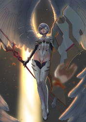 Rule 34 | 1girl, absurdres, adapted costume, angel wings, ayanami rei, backlighting, bandage over one eye, bandages, bare shoulders, bident, black gloves, blue hair, blurry, boots, bracer, breasts, chuxin de mao, cleavage, cleavage cutout, clothing cutout, depth of field, diffraction spikes, elbow gloves, floating, gloves, glowing, groin, halterneck, highleg, highleg leotard, highres, holding, holding weapon, lance of longinus (evangelion), legs together, leotard, long legs, looking at viewer, medium breasts, neon genesis evangelion, nerv, parted lips, pilot suit, plugsuit, polearm, rebuild of evangelion, red eyes, solo, thigh boots, thighhighs, thighs, turtleneck, weapon, white footwear, white gloves, white leotard, white thighhighs, white wings, wings