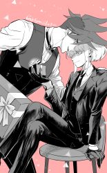 Rule 34 | 2boys, bae (baebae), box, chair, formal, galo thymos, gift, gift box, gloves, half gloves, highres, holding, holding gift, lio fotia, male focus, monochrome, multiple boys, necktie, promare, sitting, suit, three-piece suit, valentine, vest, waistcoat