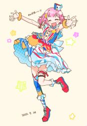 Rule 34 | 1girl, blue bow, bow, bracelet, closed eyes, dress, frilled dress, frills, jewelry, multicolored clothes, multicolored dress, nakai ann, ootori emu, open mouth, pink footwear, pink hair, pop in my heart!! (project sekai), project sekai, shoes, short hair, simple background, single thighhigh, smile, solo, standing, standing on one leg, thigh strap, thighhighs, white background, white bow