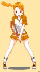Rule 34 | 1girl, brown hair, racket, red eyes, ru-chans, sportswear, tennis, tennis uniform