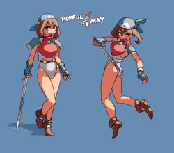 Rule 34 | 1girl, armor, bandana, bare legs, blue background, blue bandana, blue eyes, blue gloves, brown footwear, brown hair, commentary, creatures (company), english commentary, fingerless gloves, full body, game freak, gloves, highres, holding, holding sword, holding weapon, leotard, looking at viewer, may (pokemon), medium hair, midair, multiple views, nintendo, noyemik, open mouth, pokemon, pokemon rse, popful mail, red shirt, shadow, shirt, shoulder armor, simple background, smile, sword, weapon, white leotard