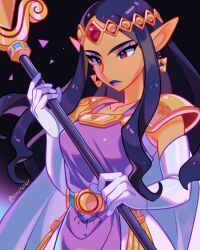 Rule 34 | 1girl, absurdres, armor, breasts, cape, circlet, commentary, constellor, elbow gloves, gloves, highres, holding, holding staff, long hair, medium breasts, nintendo, pointy ears, princess hilda, purple gloves, purple hair, purple lips, red eyes, shoulder armor, sidelocks, solo, staff, the legend of zelda, the legend of zelda: a link between worlds, triforce earrings, twitter username, white cape