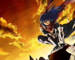 Rule 34 | 1boy, armor, armored boots, assassin cross (ragnarok online), black cape, black pants, black shirt, blue hair, boots, cape, closed mouth, cloud, commentary request, dusk, dutch angle, expressionless, full body, long hair, looking at viewer, male focus, natsuya (kuttuki), open clothes, open shirt, orange sky, pants, papers, pauldrons, ragnarok online, red eyes, red scarf, scarf, shirt, shoulder armor, skull, sky, solo, squatting, torn cape, torn clothes, torn scarf, vambraces, waist cape, wind