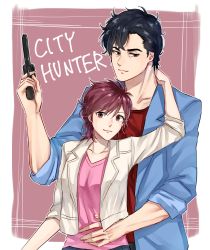 Rule 34 | 1boy, 1girl, absurdres, black hair, blue jacket, brown eyes, brown hair, city hunter, collarbone, couple, gun, highres, holding, holding gun, holding weapon, jacket, looking at viewer, makimura kaori, open clothes, open jacket, pink shirt, red shirt, saeba ryou, shirt, sleeves rolled up, smile, upper body, weapon, white jacket, yayoi (chepiiii23)