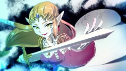 Rule 34 | 1girl, breasts, chichi band, cleavage, dress, facial tattoo, gem, holding, holding sword, holding weapon, long hair, looking at viewer, low-tied long hair, medium breasts, neck tattoo, nintendo, open mouth, orange hair, pointy ears, princess, princess zelda, shoulder pads, smile, solo, sword, tattoo, the legend of zelda, the legend of zelda: twilight princess, tiara, weapon, yellow eyes