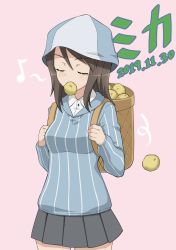 Rule 34 | 1girl, backpack, bag, basket, blue hat, blue shirt, brown hair, character name, closed eyes, dated, dress shirt, eighth note, food in mouth, girls und panzer, grey skirt, hat, highres, keizoku school uniform, long hair, long sleeves, mika (girls und panzer), miniskirt, mouth hold, musical note, nao (nao puku777), pink background, pleated skirt, potato, school uniform, shirt, simple background, skirt, solo, standing, striped clothes, striped shirt, translated, vertical-striped clothes, vertical-striped shirt, white shirt