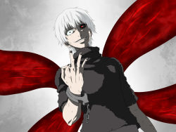 Rule 34 | 10s, 1boy, black nails, black sclera, colored sclera, crazy eyes, crazy smile, cuffs, grey eyes, grin, heterochromia, highres, kaneki ken, looking at viewer, male focus, monster boy, nail polish, pitecube, red eyes, shackles, short hair, smile, solo, tentacles, tokyo ghoul, white hair