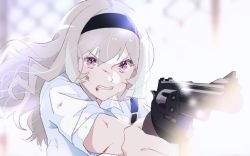 Rule 34 | 1girl, aiming, bad id, bad pixiv id, black hairband, blonde hair, blood, blood on face, blurry, blurry background, chain-link fence, clenched teeth, commentary request, fence, foreshortening, glaring, gun, hairband, hand up, handgun, holding, holding gun, holding weapon, injury, long hair, nijiko (c2cs4q), pink eyes, revolver, saijou claudine, shirt, shoujo kageki revue starlight, sleeves rolled up, solo, teeth, weapon, white shirt