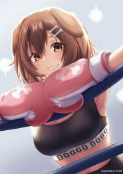 Rule 34 | 1girl, animal ears, blush, bob-the-bison, bone hair ornament, boxing, boxing gloves, boxing ring, breasts, brown eyes, brown hair, dog ears, dog girl, grin, hair between eyes, hair ornament, hairclip, highres, hololive, inugami korone, looking at viewer, medium breasts, smile, solo, sports bra, sweat, twitter username, virtual youtuber