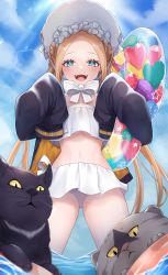 Rule 34 | 1girl, abigail williams (fate), abigail williams (swimsuit foreigner) (fate), abigail williams (swimsuit foreigner) (third ascension) (fate), absurdres, bare shoulders, bikini, black cat, black jacket, blonde hair, blue eyes, blush, bonnet, bow, breasts, cat, fate/grand order, fate (series), forehead, hair bow, highres, innertube, jacket, kubomi 943, long hair, long sleeves, looking at viewer, miniskirt, navel, open mouth, parted bangs, sidelocks, skirt, small breasts, smile, swim ring, swimsuit, thighs, twintails, very long hair, wading, water, white bikini, white bow, white headwear