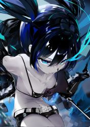 Rule 34 | 1girl, belt, bikini, black bikini, black hair, black rock shooter, black rock shooter (character), blue eyes, breasts, dleung, flaming eye, front-tie bikini top, front-tie top, highres, hood, hoodie, jacket, jacket partially removed, long hair, midriff, navel, scar, shorts, small breasts, swimsuit, sword, twintails, weapon