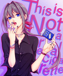 Rule 34 | 1girl, absurdres, bad id, bad pixiv id, black nails, black shirt, blue eyes, blue nails, bracelet, candy, choker, cigarette candy, collared shirt, earrings, english text, food, grey hair, hair between eyes, hair ribbon, highres, jewelry, long hair, looking at viewer, muto (n0sug4r), nail polish, open mouth, original, red ribbon, ribbon, ring, shirt, solo, upper body