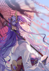 Rule 34 | 1girl, breasts, bridal gauntlets, cherry blossoms, commentary, flower, from side, genshin impact, hair between eyes, hair flower, hair ornament, highres, holding, holding umbrella, japanese clothes, kimono, long hair, looking up, medium breasts, mitsudomoe (shape), obi, obiage, obijime, off shoulder, oil-paper umbrella, parted lips, petals, purple eyes, purple hair, raiden shogun, sash, signature, solo, tomoe (symbol), umbrella, upper body, vanink, vision (genshin impact), white kimono, wind