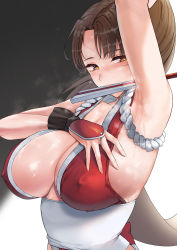 Rule 34 | 1girl, absurdres, arm guards, arm up, armpits, black background, breasts, brown hair, cleavage, covered erect nipples, fatal fury, female focus, folding fan, gradient background, hand fan, hand on own chest, highres, holding, holding fan, large breasts, long hair, looking at viewer, looking to the side, mouth hold, mute (mute89539160), ninja, parted bangs, ponytail, presenting armpit, revealing clothes, rope, saliva, saliva trail, shimenawa, shiranui mai, simple background, solo, steam, steaming body, sweat, upper body, white background