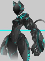Rule 34 | 1girl, animal ears, black skin, breasts, cat ears, cat girl, cat tail, colored skin, cowboy shot, echanis enicha, faceless, faceless female, female focus, floating head, grey background, highres, navel, no humans, no neck, original, robot, robot girl, shiny clothes, shiny skin, small breasts, solo, standing, tail, thick thighs, thighs