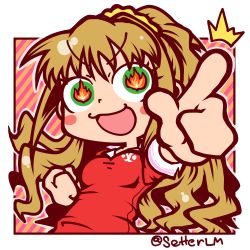 Rule 34 | &gt;:), 10s, 1girl, ^^^, blonde hair, blush stickers, clenched hand, eyebrows, fire, green eyes, hino akane (idolmaster), idolmaster, idolmaster cinderella girls, long hair, open mouth, pointing, pointing forward, ponytail, setter (seven stars), smile, solo, sweater, twitter username, v-shaped eyebrows