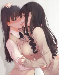 Rule 34 | 2girls, against wall, amagami, arm around waist, arm grab, ayatsuji tsukasa, black eyes, black hair, blush, bow, bowtie, breast press, breasts, closed eyes, curly hair, drill hair, face-to-face, female focus, full-face blush, hairband, hand on another&#039;s head, hug, imminent kiss, large breasts, lips, long hair, looking away, morishima haruka, multiple girls, noses touching, open mouth, parted lips, santa (sunflower), school uniform, shy, smile, sweater, sweater vest, symmetrical docking, yuri