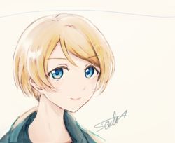 Rule 34 | 1girl, artist name, ayase eli, blonde hair, blue eyes, commentary request, looking at viewer, love live!, love live! school idol project, short hair, simple background, smile, solo, suito, upper body, white background