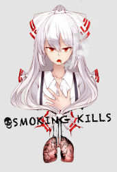 Rule 34 | 1girl, bad id, bad pixiv id, bow, english text, flower, fujiwara no mokou, grey background, hair bow, hand on own chest, long hair, looking at viewer, lungs, open mouth, red eyes, saryuu (iriomote), simple background, smoking, solo, suspenders, touhou, triangle mouth, white hair