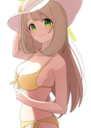 Rule 34 | 1girl, afnroll, bare shoulders, bikini, blue archive, blue sky, breasts, cleavage, closed mouth, commentary request, from side, green eyes, halo, halterneck, hat, highres, large breasts, light brown hair, long hair, looking at viewer, medium breasts, nonomi (blue archive), nonomi (swimsuit) (blue archive), official alternate costume, sky, smile, solo, strap gap, string bikini, swept bangs, swimsuit, yellow bikini