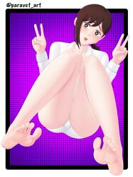 Rule 34 | 1girl, absurdres, artist request, asymmetrical bangs, bare legs, barefoot, border, brown eyes, brown hair, chainsaw man, collarbone, collared shirt, double v, feet, female focus, foot focus, hair ornament, hairclip, higashiyama kobeni, highres, knees together feet apart, knees up, long sleeves, looking at viewer, mole, mole under eye, mole under mouth, open mouth, panties, paravet, ponytail, purple background, shirt, short hair, soles, solo, sweatdrop, thighs, toes, twitter username, underwear, v, white panties, white shirt
