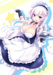 Rule 34 | 1girl, :d, absurdres, apron, azur lane, bare shoulders, belfast (azur lane), blue eyes, braid, breasts, carrying, chain, cleavage, collarbone, commentary request, cup, elbow gloves, french braid, gloves, highres, large breasts, long hair, looking at viewer, maid, maid apron, maid headdress, nanaume (shichimi tougarashi), open mouth, pantyhose, smile, solo, teacup, teapot, white hair, white pantyhose