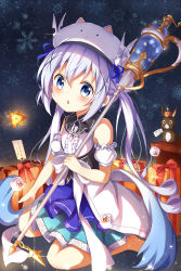 Rule 34 | 1girl, absurdres, animal, animal ears, animal hat, anko (gochiusa), beret, blue eyes, blue skirt, blush, bow, box, center frills, chestnut mouth, crown, detached sleeves, dress, fake animal ears, frills, gift, gift box, gochuumon wa usagi desu ka?, hair between eyes, hair ornament, hat, heart, highres, holding, holding staff, kafuu chino, long hair, looking at viewer, mini crown, parted lips, pleated skirt, puffy short sleeves, puffy sleeves, purple hair, rabbit, short sleeves, skirt, snowflakes, staff, stick jitb, suitcase, translation request, twintails, very long hair, white bow, white dress, white headwear, white sleeves, x hair ornament