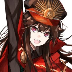 Rule 34 | 1girl, :d, arm up, black hair, black hat, black jacket, cape, crest, family crest, fate/grand order, fate (series), hair between eyes, hat, hirai yuzuki, jacket, koha-ace, looking at viewer, military hat, oda nobunaga (fate), oda nobunaga (koha-ace), oda uri, open mouth, peaked cap, purple eyes, red cape, sidelocks, simple background, smile, solo, v-shaped eyebrows, white background