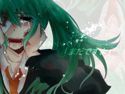 Rule 34 | 1girl, aoi choko (aoichoco), aqua eyes, aqua hair, bad id, bad pixiv id, bandages, bandage over one eye, blood, crying, crying with eyes open, derivative work, hands on own face, hatsune miku, long hair, monaco0704, necktie, rolling girl (vocaloid), solo, tears, translated, twintails, vocaloid